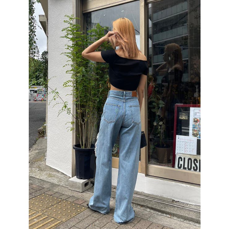 完売人気！evris ハイウエスト　ダメージワイドデニムパンツ ダメージワイドデニムパンツ[品番：MKSW0059169]｜EVRIS