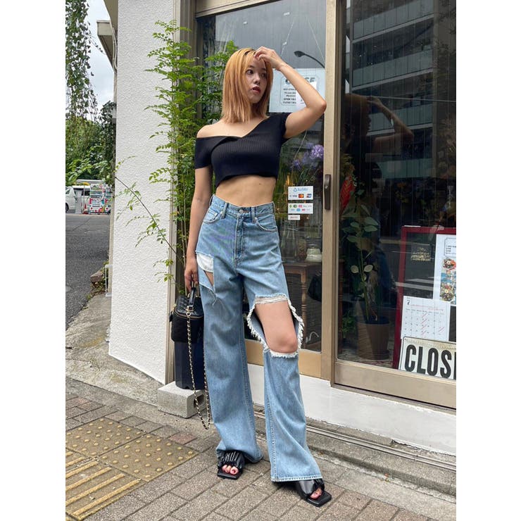 ハイウエスト】スクエアダメージワイドデニムパンツ[品番