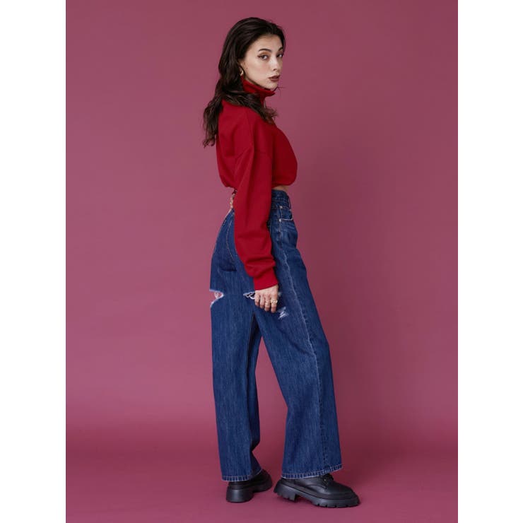再入荷】【ハイウエスト】BACKスラッシュワイドデニムパンツ