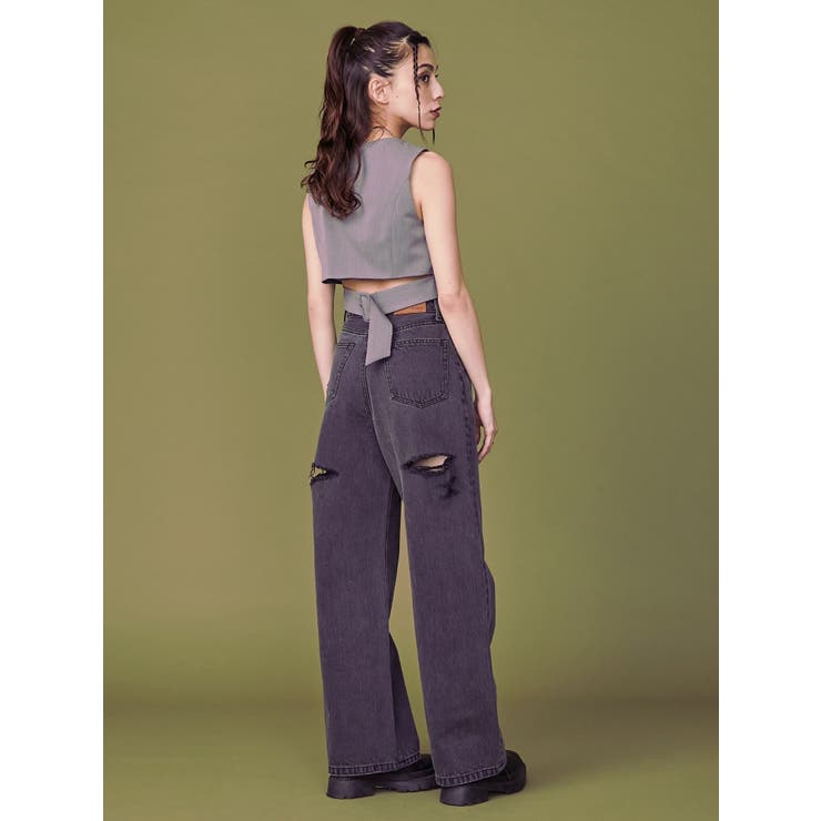 再入荷】【ハイウエスト】BACKスラッシュワイドデニムパンツ