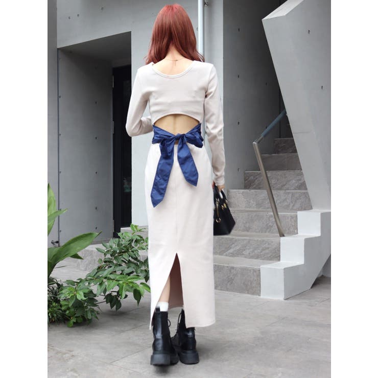 【ellerie】ケープ調バックリボンスリーブボックスワンピース バックリボンロングワンピース[品番：MKSW0054634]｜EVRIS