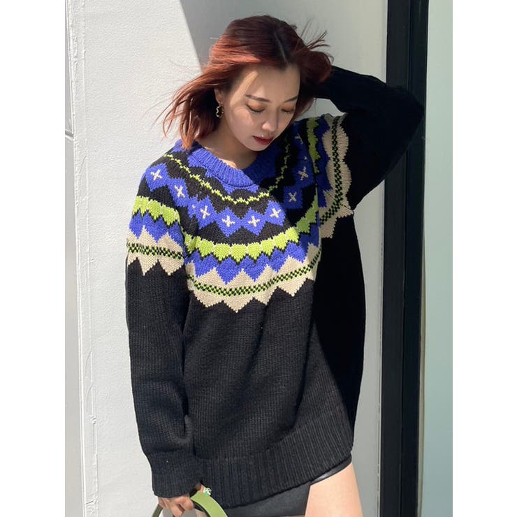 ▼極美品✨エブリデイアイライク✨定番 クルーネック プルオーバー 深緑 ニット Vividフェアアイルニット[品番：MKSW0052200]｜EVRIS（エブリス）の