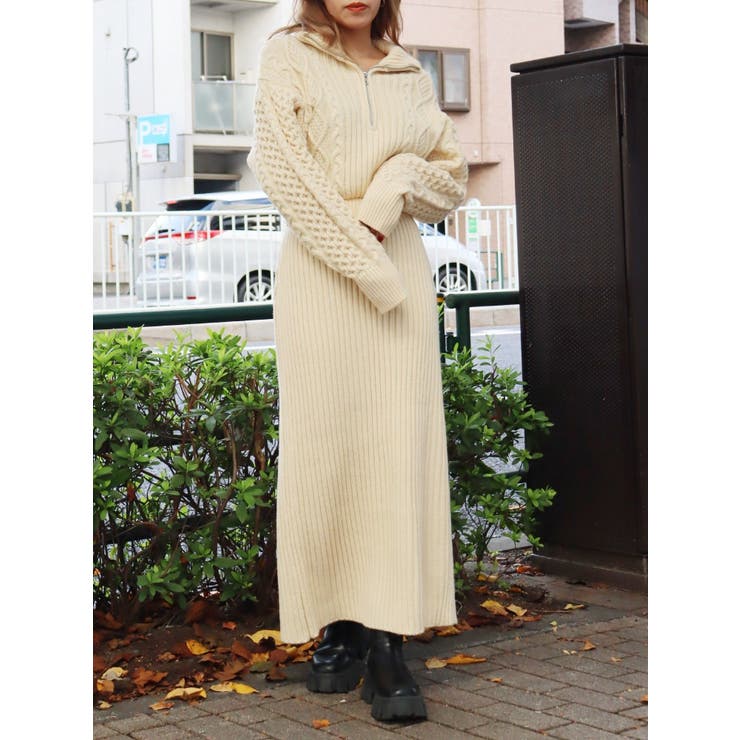 ハーフジップケーブルロングワンピース[品番：MKSW0055857]｜EVRIS