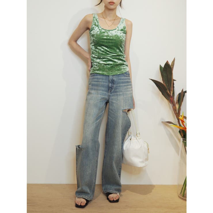 【しおり】EVRIS アシメカッティングセミワイドデニムパンツ アシメカッティングセミワイドデニムパンツ[品番：MKSW0057846]｜EVRIS
