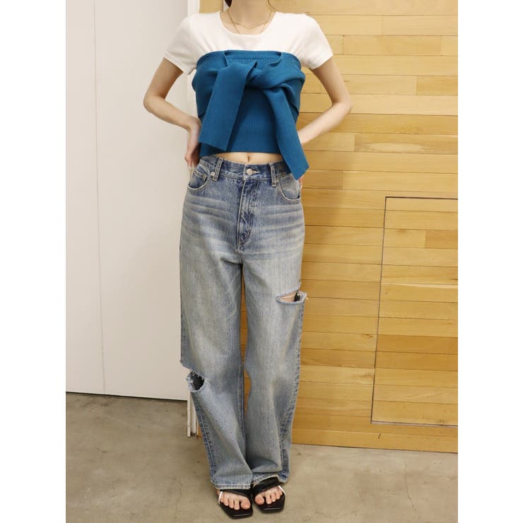 【しおり】EVRIS アシメカッティングセミワイドデニムパンツ アシメカッティングセミワイドデニムパンツ[品番：MKSW0057846]｜EVRIS