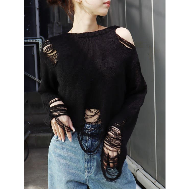 ブラック | ハイダメージニットトップス | EVRIS