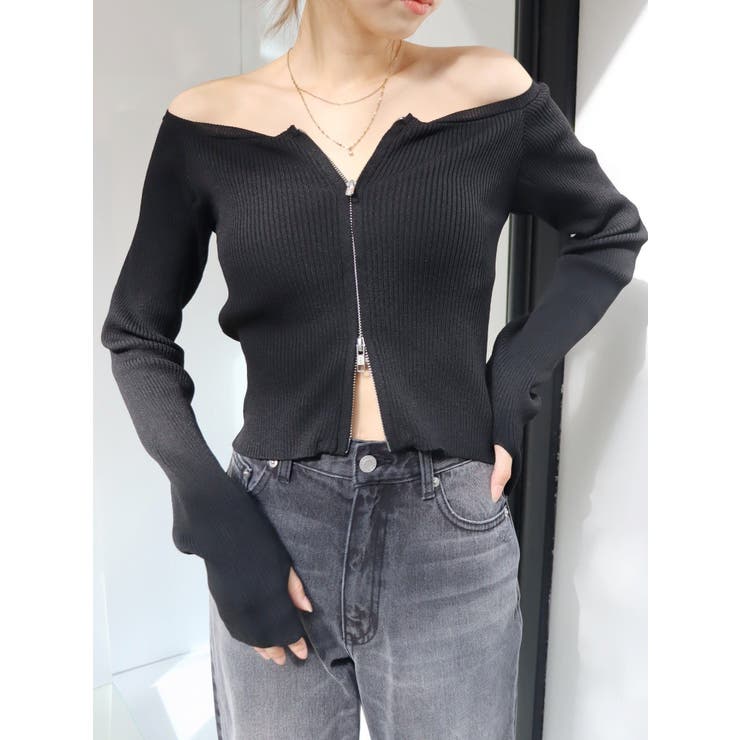 ニット セーター フロントジップオフショルニットトップス レディース フロントジップオフショルニットトップス[品番：MKSW0057307