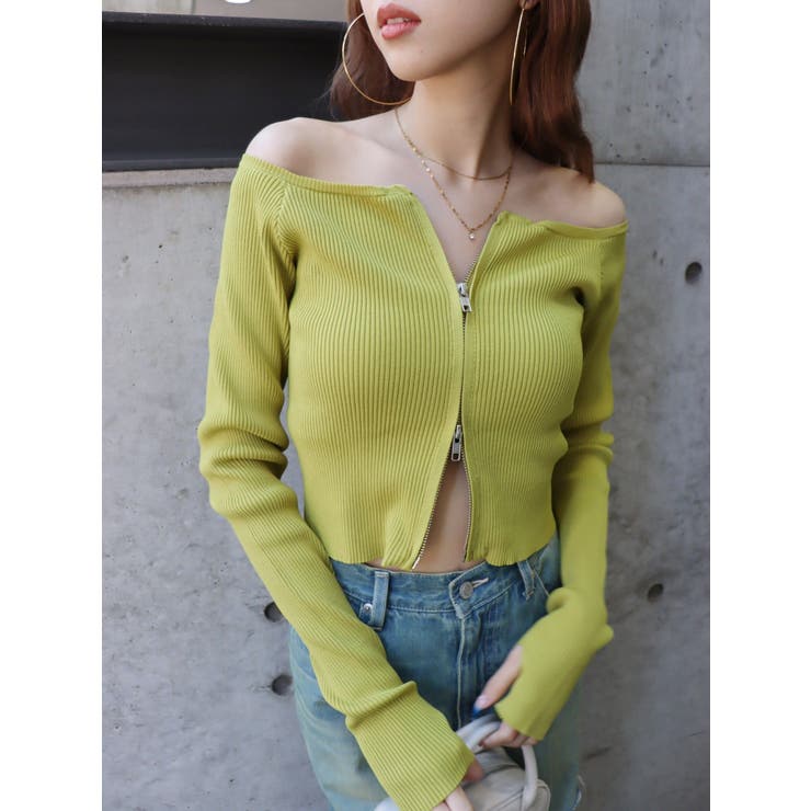 フロントジップオフショルニットトップス[品番：MKSW0057307