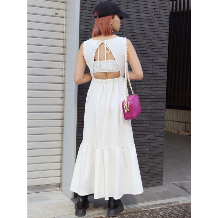 【美品】EVRIS 　バックシャーリング　ロングワンピース　ホワイト　F 美品】EVRIS バックシャーリング ロングワンピース ホワイト F