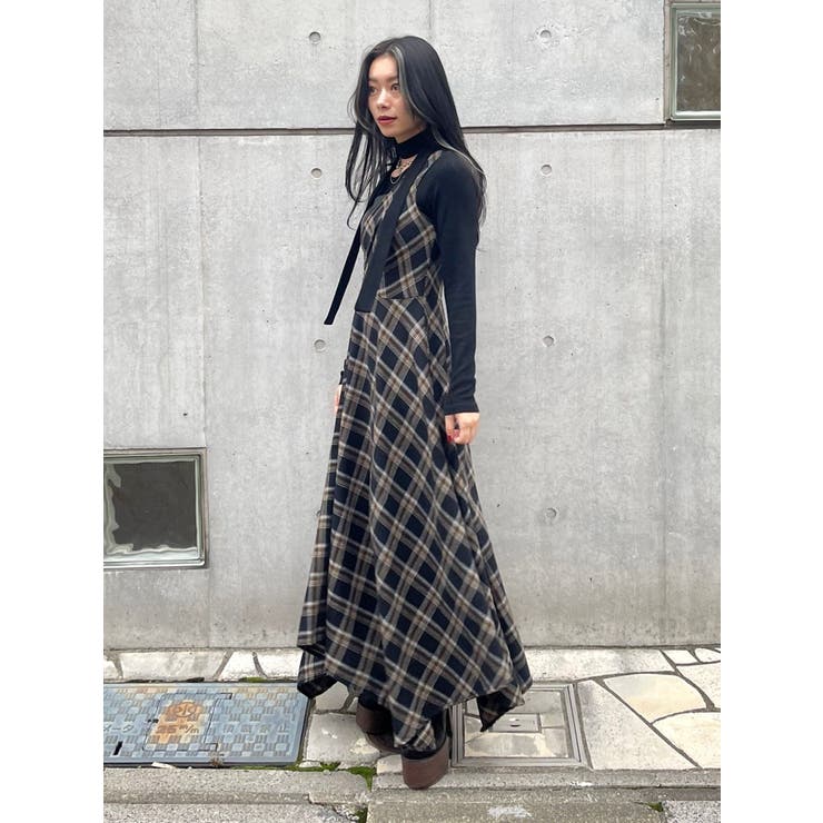 フェイクレザードッキングチェックロングワンピース[品番