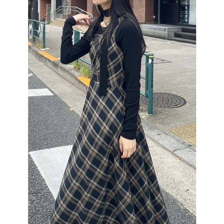 フェイクレザードッキングチェックロングワンピース[品番