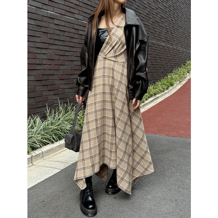 フェイクレザードッキングチェックロングワンピース[品番
