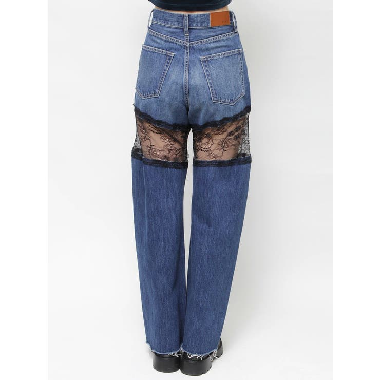 monepine レースドッキングデザインデニムパンツ lace docking design denim pants/レースドッキングデザイン