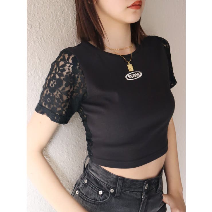 ブラック | ワンポイントバックレースTシャツ | EVRIS