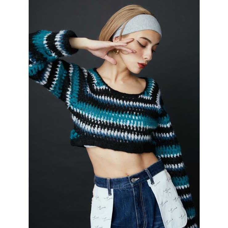 ボーダーメッシュショートニットトップス | EVRIS | 詳細画像2 