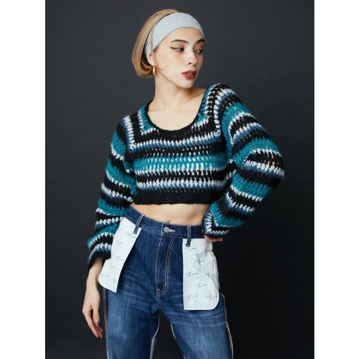 ボーダーメッシュショートニットトップス | EVRIS | 詳細画像3 