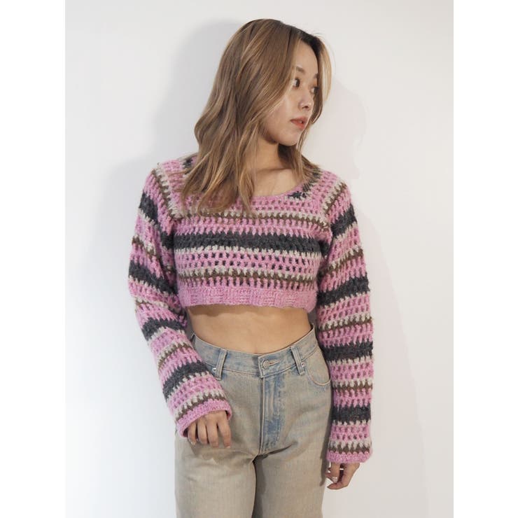 ピンク | ボーダーメッシュショートニットトップス | EVRIS