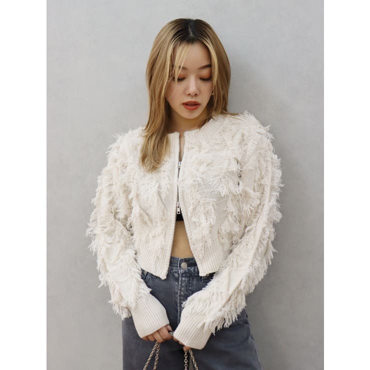ホワイト | フリンジニットショートカーディガン | EVRIS
