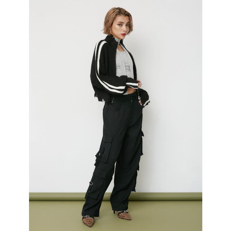 ラインダメージジップニットトップス[品番：MKSW0060082]｜EVRIS