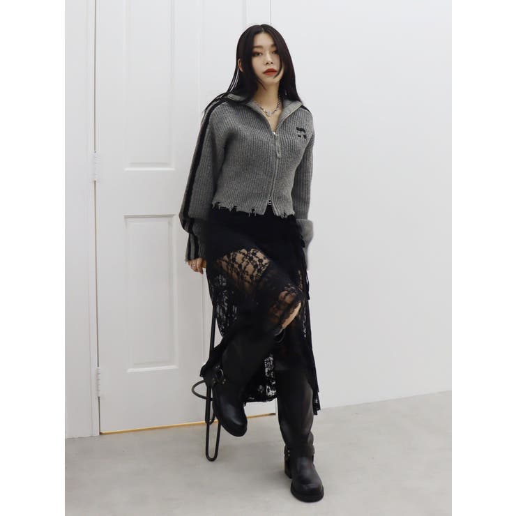 ラインダメージジップニットトップス[品番：MKSW0060082]｜EVRIS