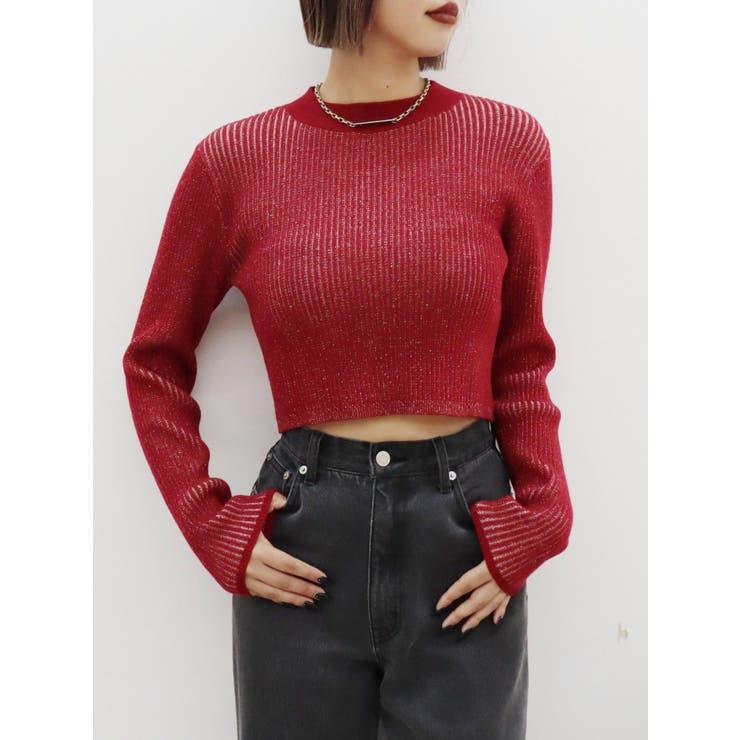 レッド | プレーティングリブニットトップス | EVRIS