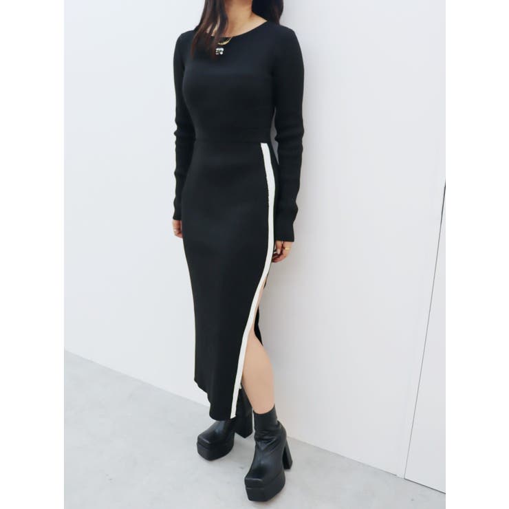 ラインデザインニットロングワンピース[品番：MKSW0061449