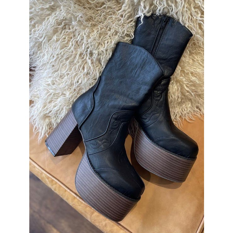 ブラック | ウエスタンデザインプラットフォームブーツ | EVRIS