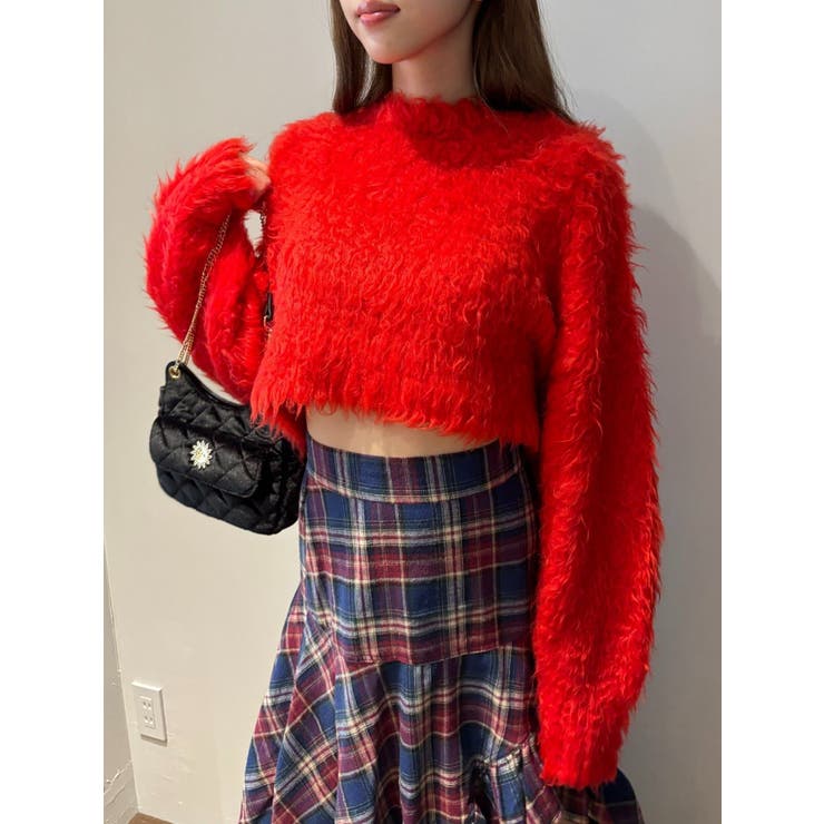 レッド | カラーシャギークロップドニットトップス | EVRIS