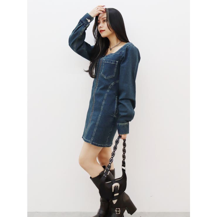 EVRIS【10th Anniversary】限定 ブロッキングデニムミニワンピ フロントZIPデニムミニワンピース(M GRAY): ワンピース