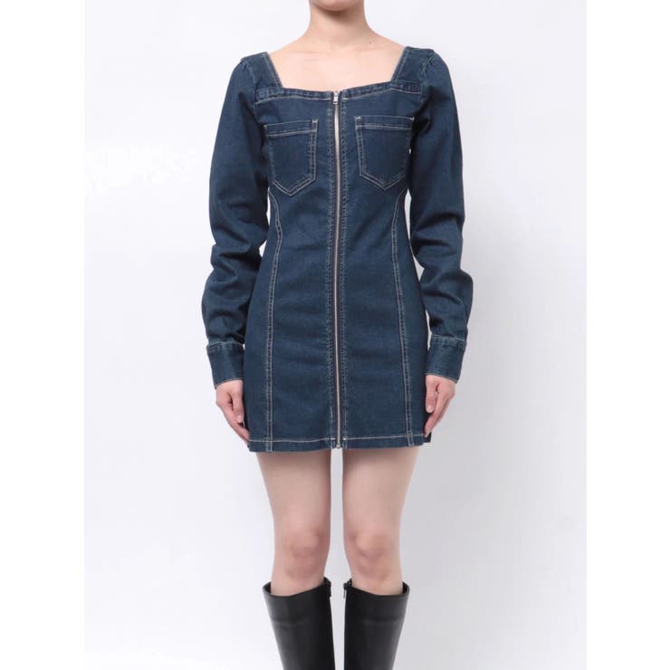 EVRIS【10th Anniversary】限定 ブロッキングデニムミニワンピ スクエアネックデニムミニワンピース[品番：MKSW0061708]｜EVRIS