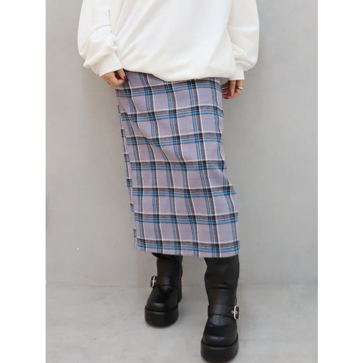 パープル | チェックタイトミディースカート | EVRIS