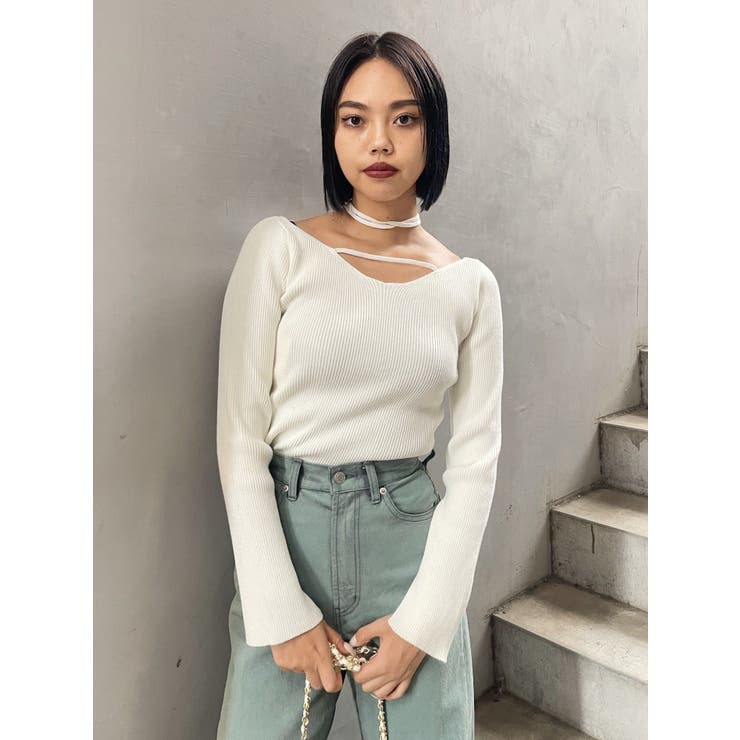 ホワイト | チョーカーネックニットトップス | EVRIS