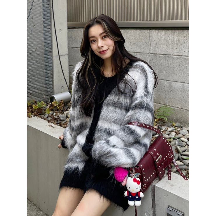 ブラック | ソフトシャギーボーダーニットカーディガン | EVRIS