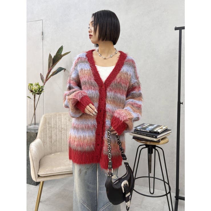 レッド | ソフトシャギーボーダーニットカーディガン | EVRIS