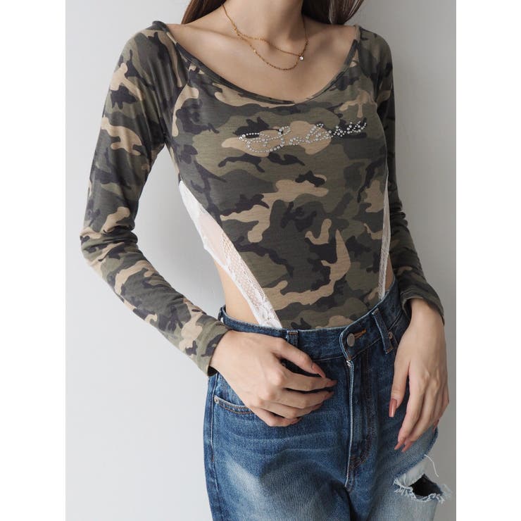 ミックス | ラインストーンロゴオフショルボディースーツ | EVRIS