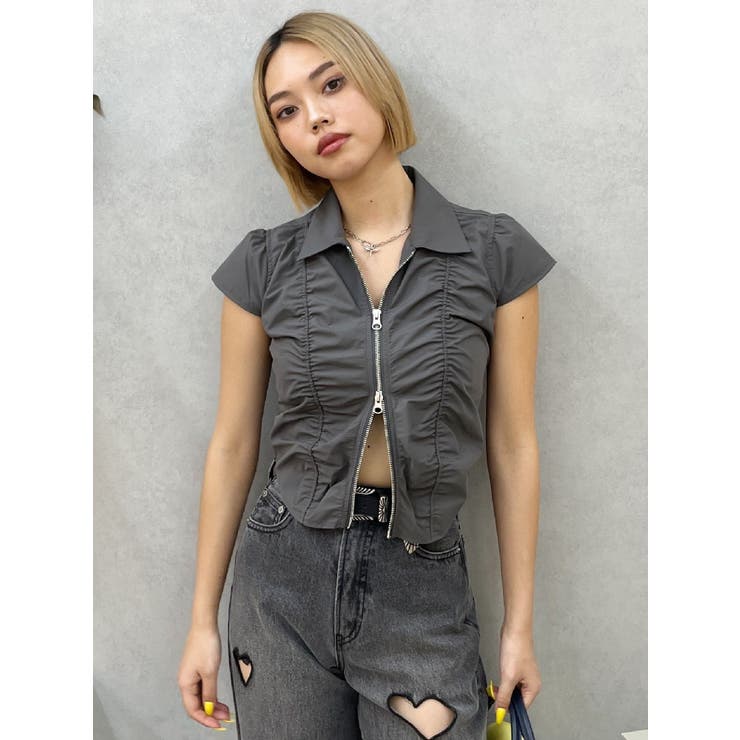 グレー | フロントジップシャーリングクロップドシャツ | EVRIS