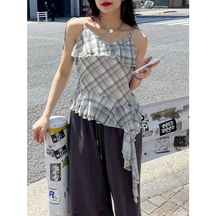 イエロー | チェックシフォントップス | EVRIS