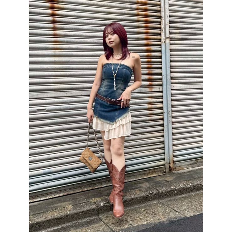 フリルドッキングデニムベアミニワンピース[品番：MKSW0066648]｜EVRIS