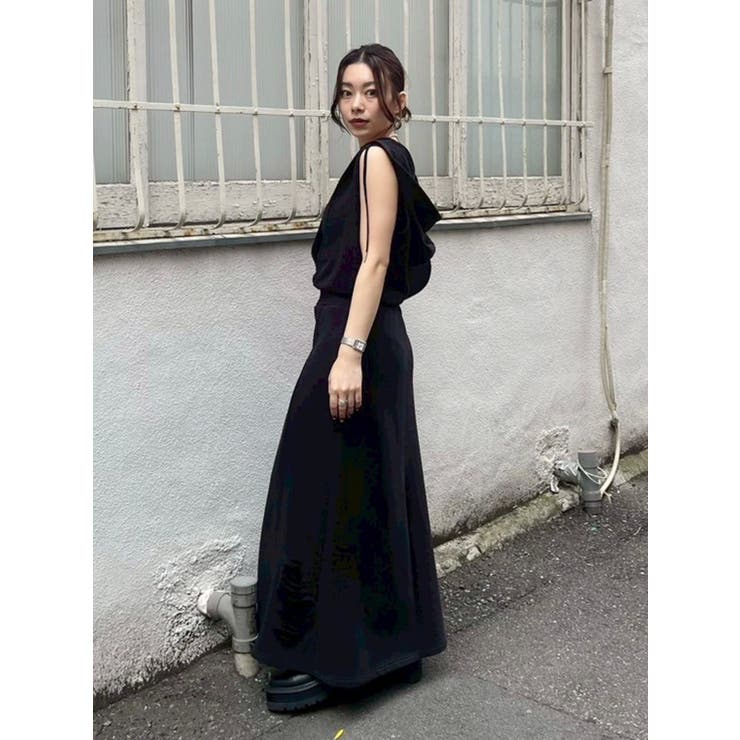 ブラック | ビスチェセットフーディロングワンピース リブ素材 | EVRIS