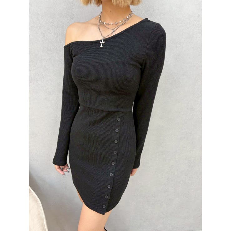 ブラック | アウトワンショルダーミニワンピース | EVRIS