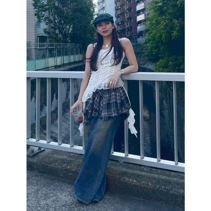 アシンメトリーランダムチェックミニスカート[品番：MKSW0065241