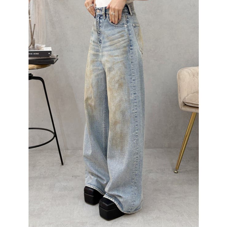 エルロデオ　デニム風ワイドパンツ2点セット ヴィンテージライクボリュームワイドデニムパンツ[品番