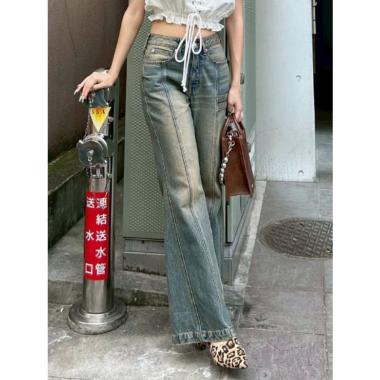 インディゴ | センターシームワイドフレアデニムパンツ | EVRIS