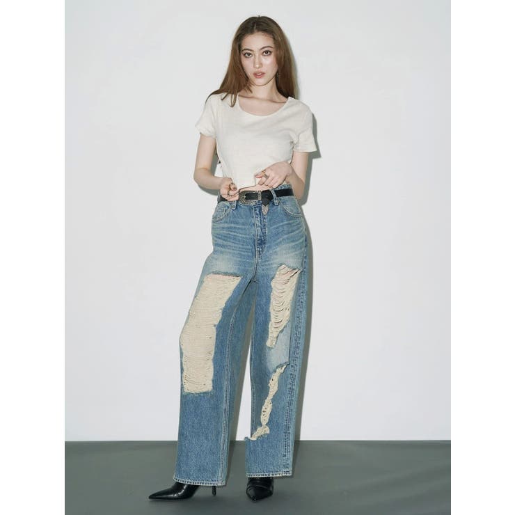 完売人気！evris ハイウエスト　ダメージワイドデニムパンツ ハイダメージワイドデニムパンツ[品番：MKSW0065796]｜EVRIS