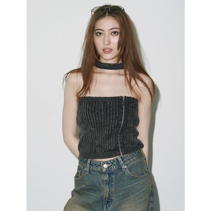 ブラック | Eモチーフピグメントチョーカーベアニットトップス | EVRIS