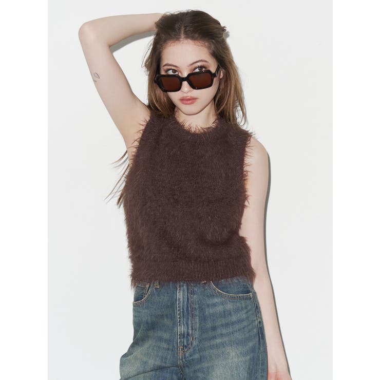 ブラウン | ファンシーヤーンノースリニットトップス | EVRIS