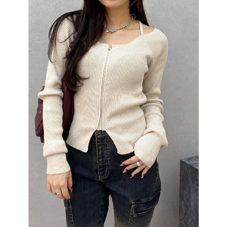 ホワイト | ピグメントジップホルターネックニットトップス | EVRIS