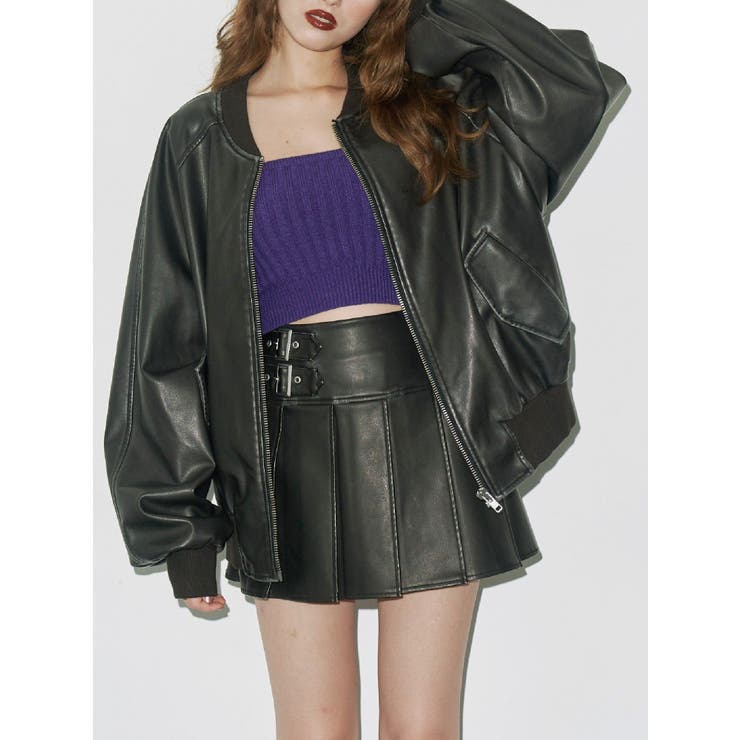 ブラック | ヴィンテージライクフェイクレザーブルゾン【セットアップ着用可能】 | EVRIS