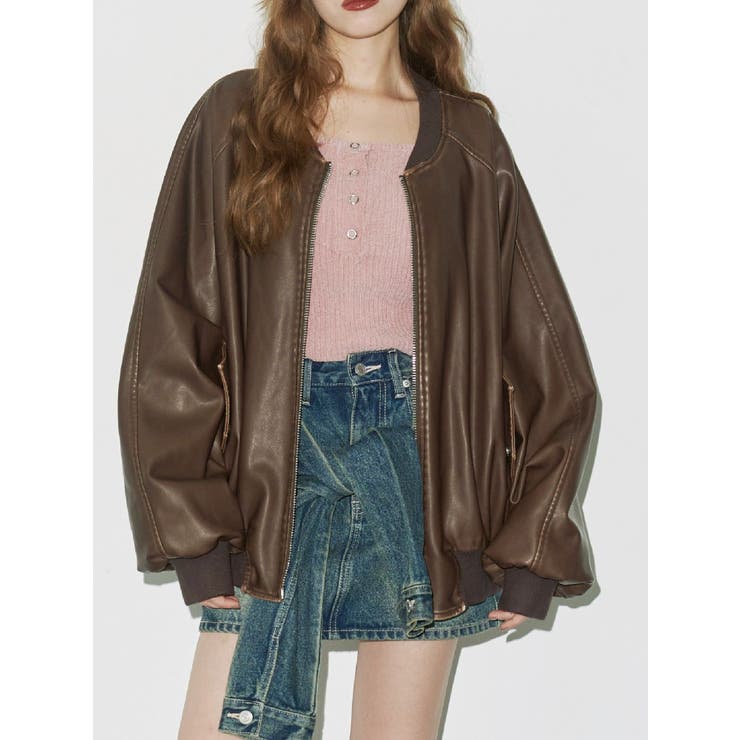 ブラウン | ヴィンテージライクフェイクレザーブルゾン【セットアップ着用可能】 | EVRIS
