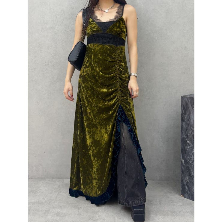 グリーン | ベロアレースロングワンピース | EVRIS